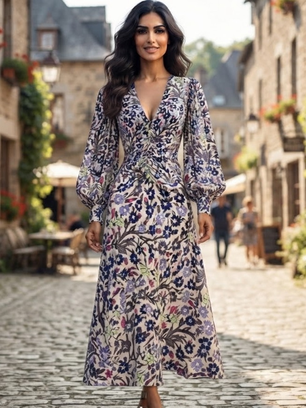 MARIA CHER RUCHED LONG SLEEVE MIDI DRESS FLORAL PRINT SIZE XS
